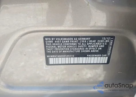 2013 Volkswagen Cc 2.0T Sport from USA, damaged, VIN WVWBN7AN0DE545332